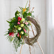 handmade tropical inspired funeral wreath, bright colors
